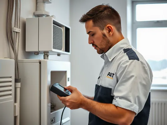 PAT testing technician inspecting electrical appliance